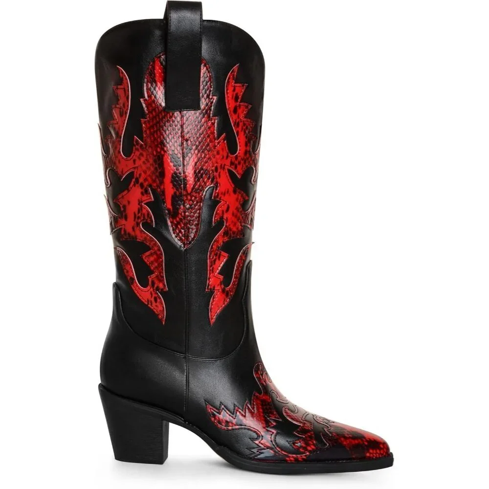 Women's Black/Red Claremont' Sexy Cowboy Boots Mid Calf Knee-high Patchwork